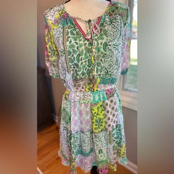 UMGEE Boho Mixed Print Patchwork 3/4 sleeve Dress, Pink, Green, Lavender Small - Picture 2 of 10